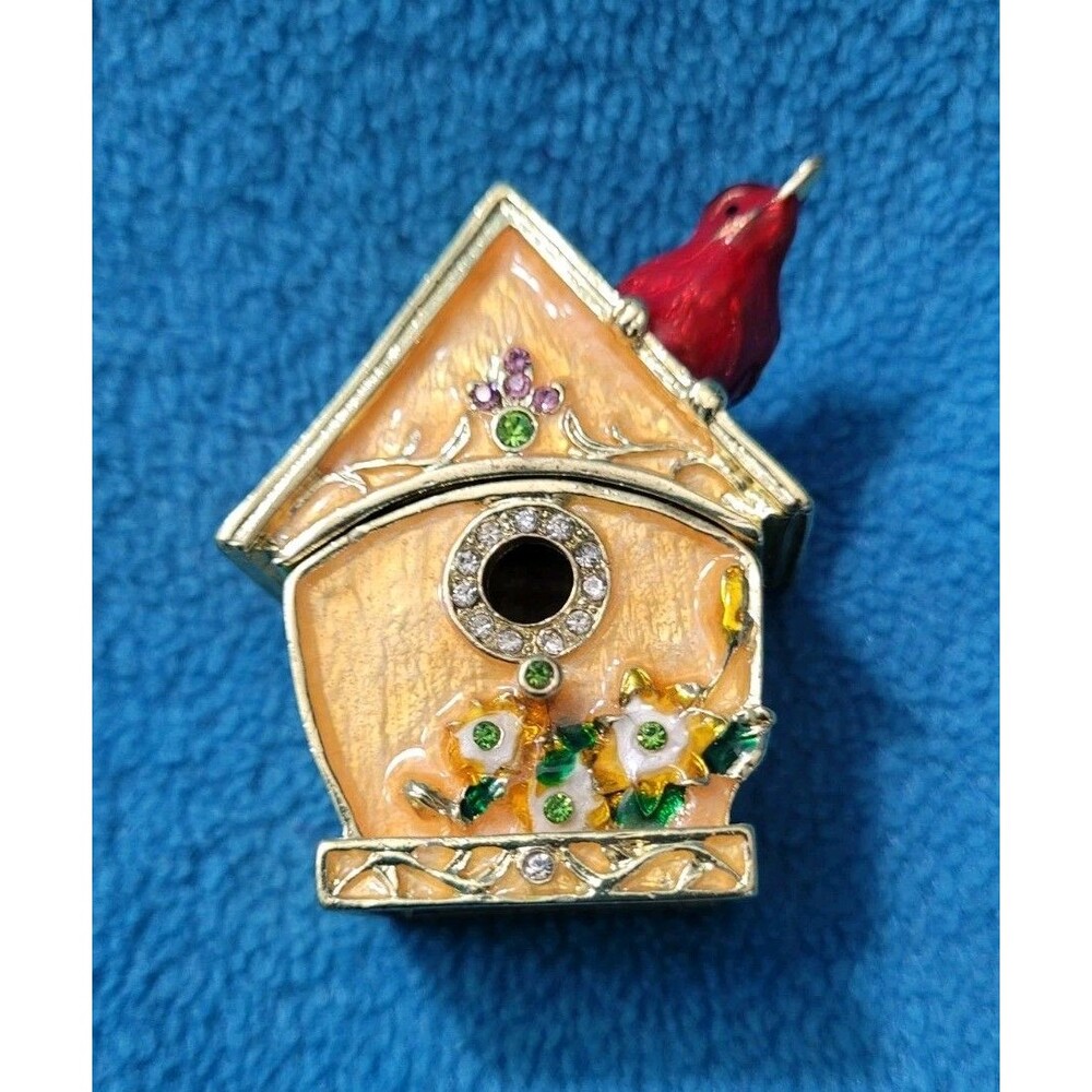Bird House Enameled & Bejeweled 2.5in Tall Hinged Magnetic Trinket Box Cardinal
